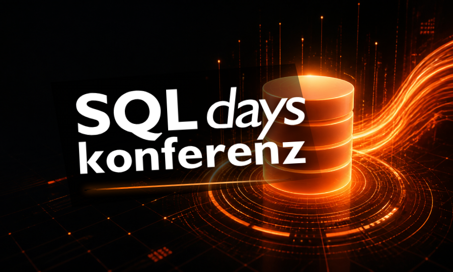 SQLdays Konferenz mit leuchtender Datenbanktonne und offiziellem SQLdays-Logo