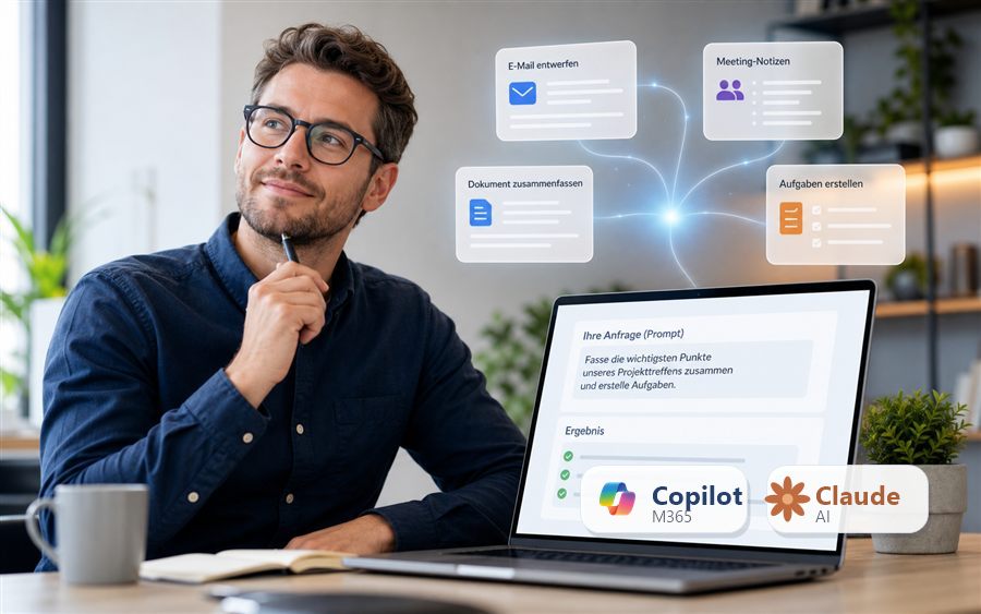 Moderner Arbeitsplatz mit Copilot-Agenten, Automatisierung und Power-Platform-AI-Workflow