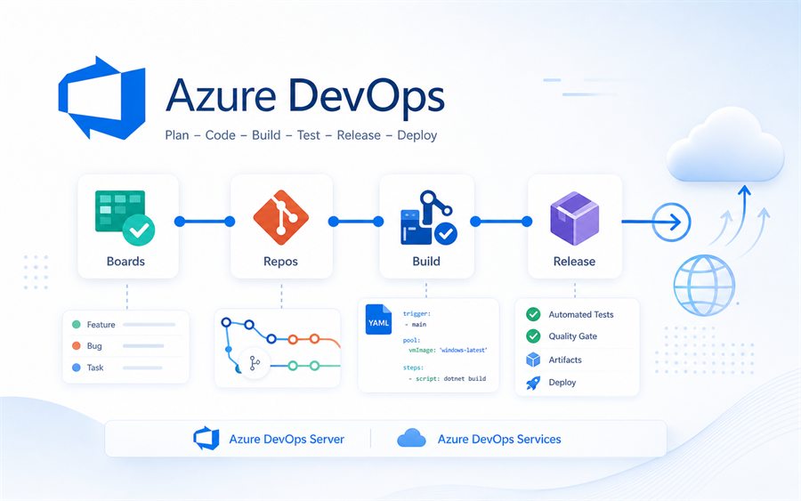 Kursbild zur Azure DevOps Schulung mit Boards, Repos, Build, Release und Deployment Pipeline