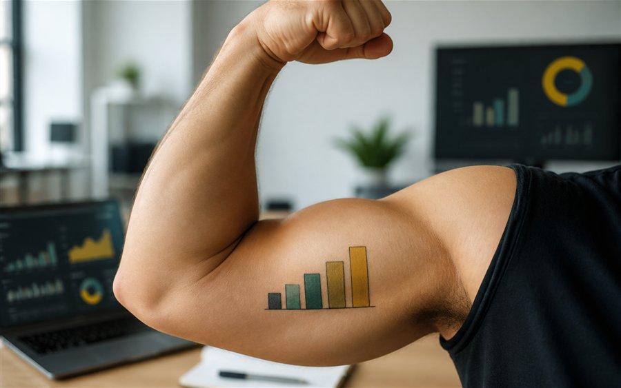 Fotorealistischer Bizeps mit Balkendiagramm-Tattoo vor unscharfen Power BI Dashboards
