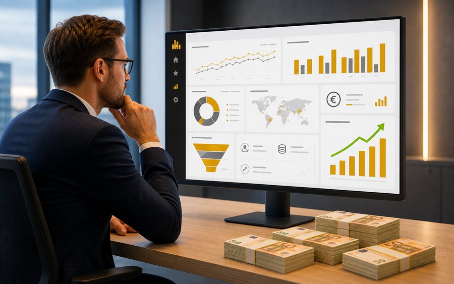 Vertriebsmanager analysiert Power BI Dashboard mit Umsatzwachstum und Geldsymbolen