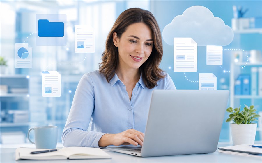 Frau arbeitet mit Laptop an Cloud-Dokumenten und SharePoint Online Zusammenarbeit in hellen Blautönen
