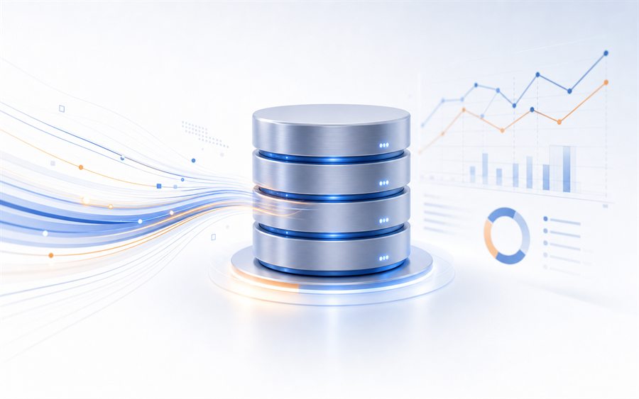 Datenbankserver mit Performance-Diagrammen für SQL Tuning und Index-Optimierung