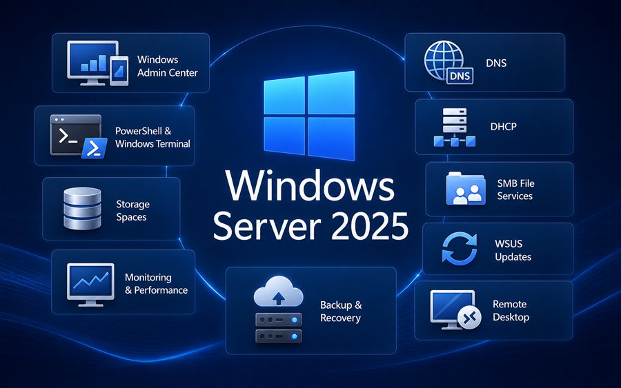Windows Server 2025 Produktlogos für Admin Center, PowerShell, DNS, DHCP, SMB, Storage und Updates